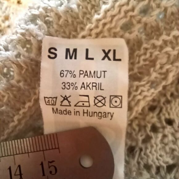 VINTAGE Open Knit Sweater Scalloped Edges Lacey Cotton Silvered Ivory Size L - Picture 8 of 11